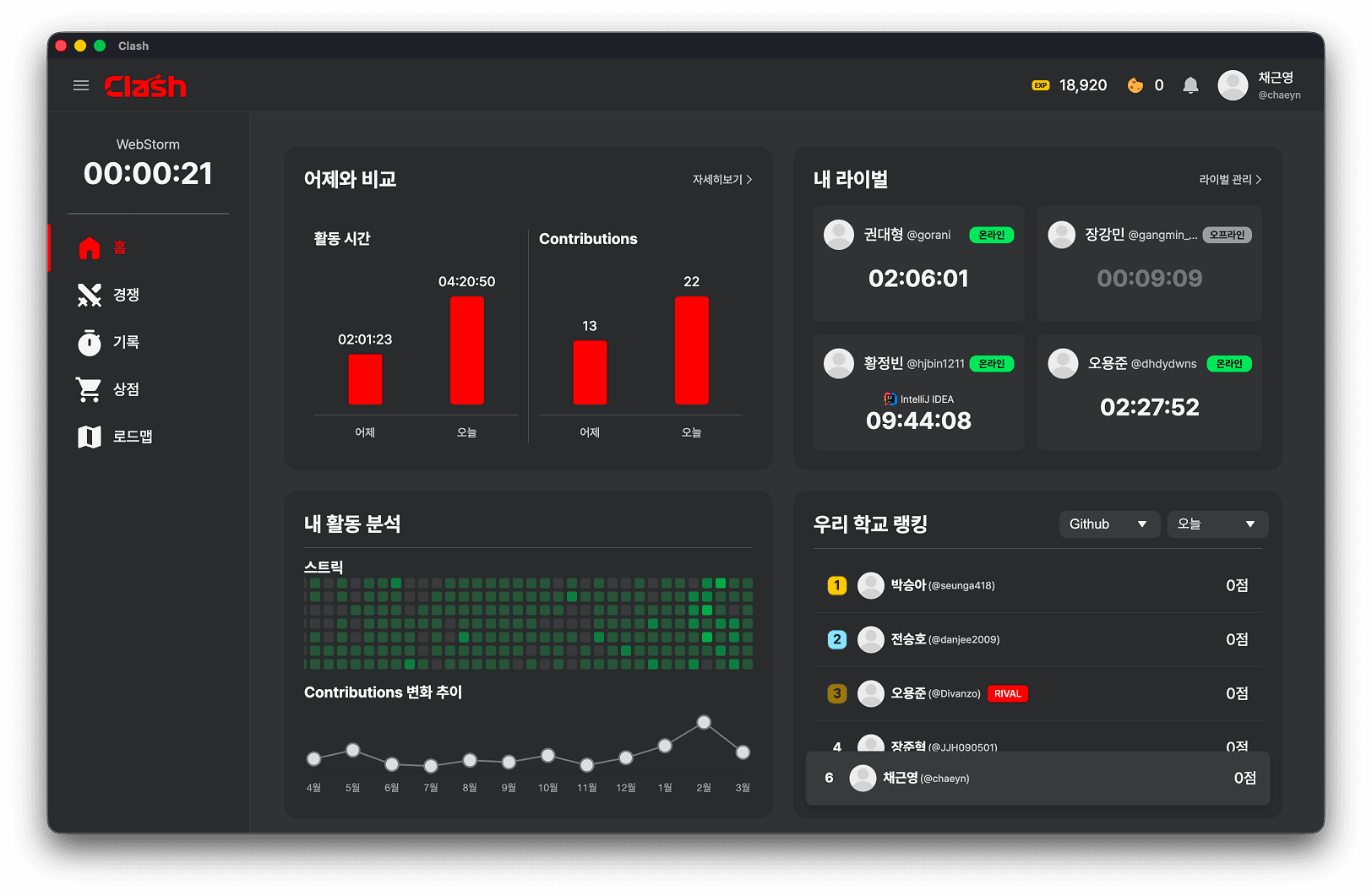 학습 기록과 경쟁 흐름을 보여주는 Clash 대표 화면